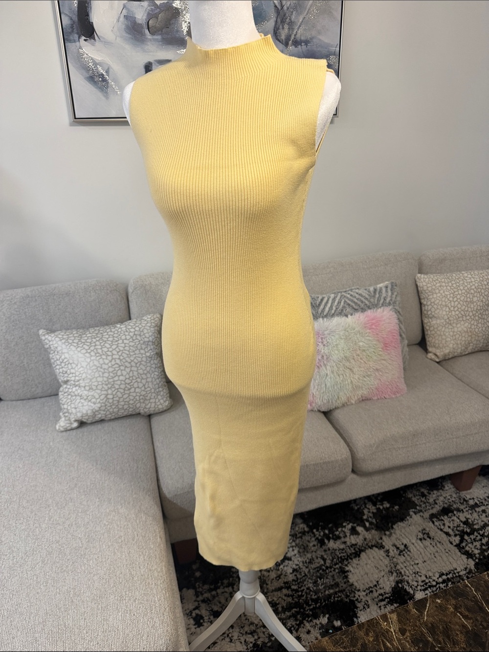 Sleeveless Ribbed Knit Midi Dress - Yellow